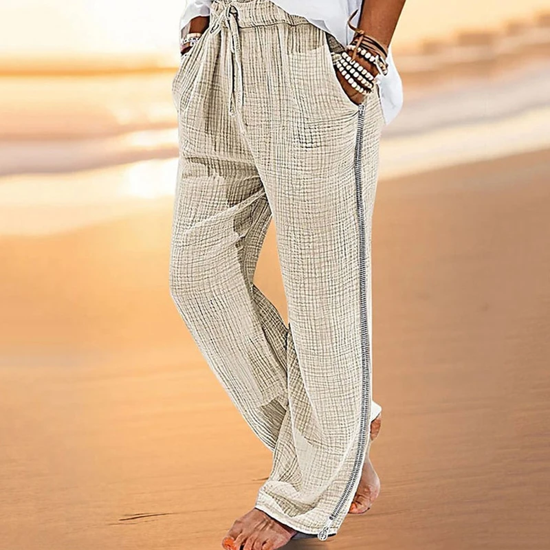 Повседневные брюки в богемном стиле, мужские винтажные Плиссированные Хлопчатобумажные Льняные Тонкие брюки, Осенняя мужская одежда, Модные прямые брюки на молнии сбоку Изображение 5